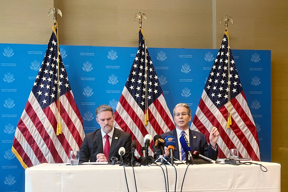 US Secretary of the Treasury Bessent and US Trade Representative Greer attend a news conference in Geneva
